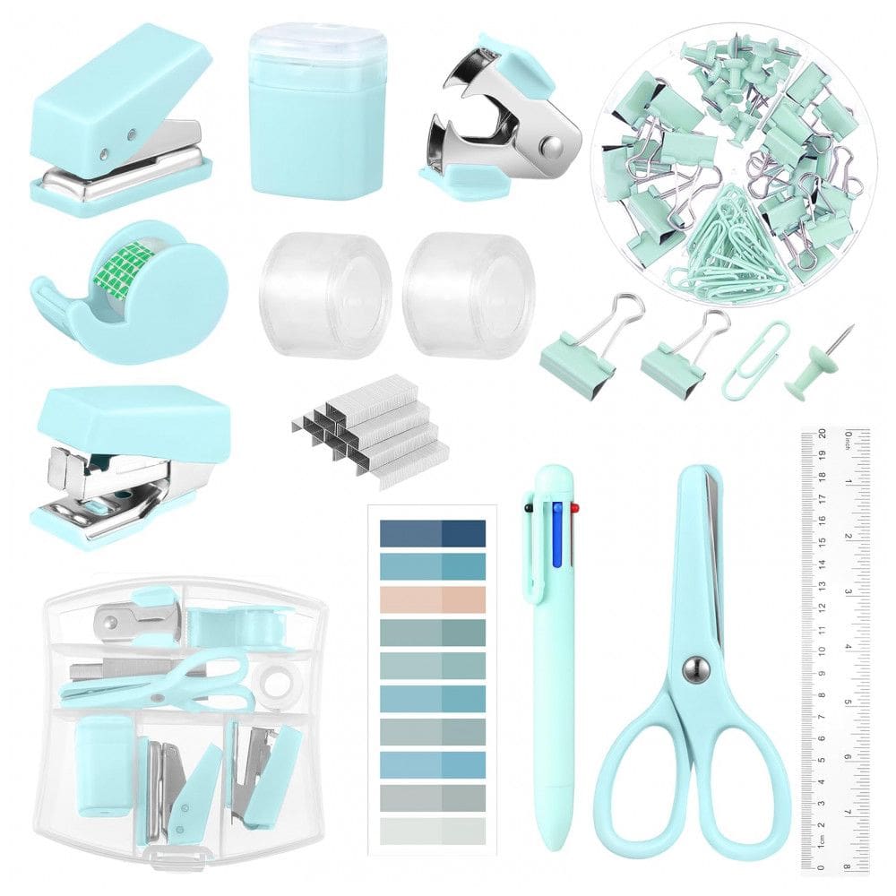 Kit mini escritório auroray verde turquesa com grampeador, furador, dispenser de fita, clips e bloco de notas