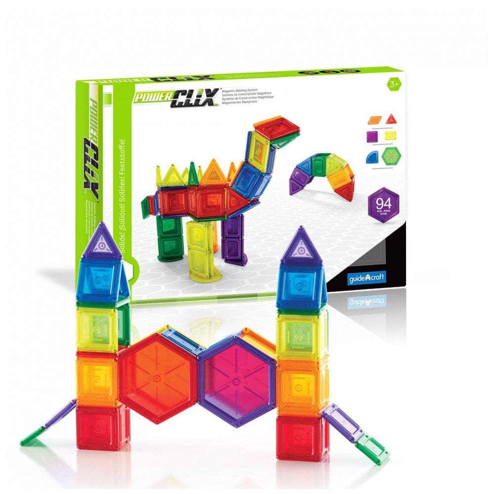 Conjunto de blocos magnéticos Guidecraft PowerClix Solids com 94 peças em ABS translúcido para construções geométricas STEM 2D e 3D