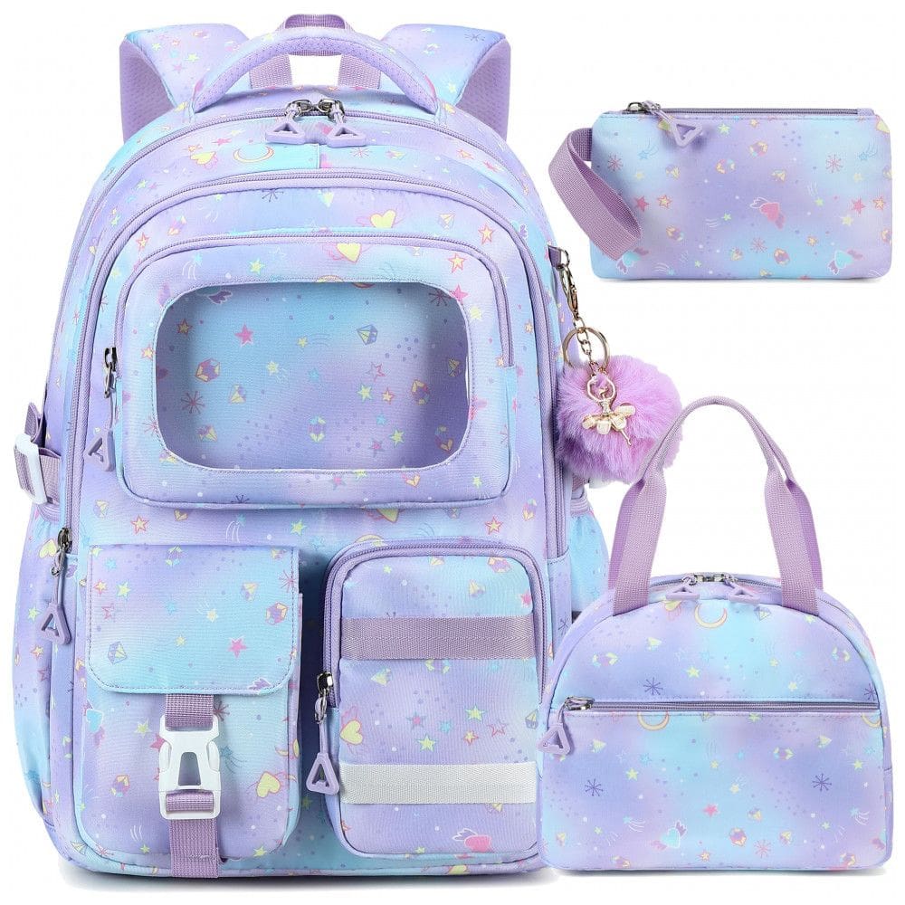 Mochila escolar AO ALI VICTORY roxa 3 em 1 com lancheira e estojo para notebook até 16”