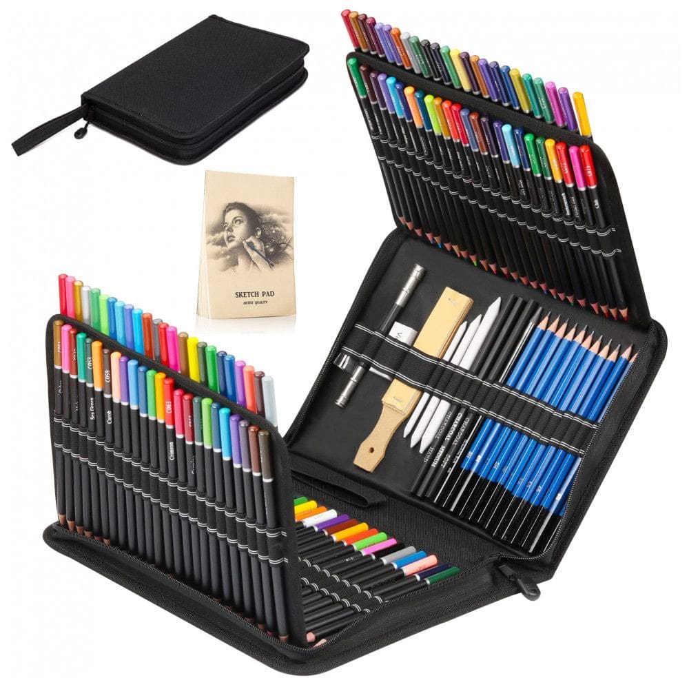 Kit de lápis de desenho 144 peças KALOUR com 120 lápis de cor, sketch kit 24 peças, bloco para esboço e estojo com zíper