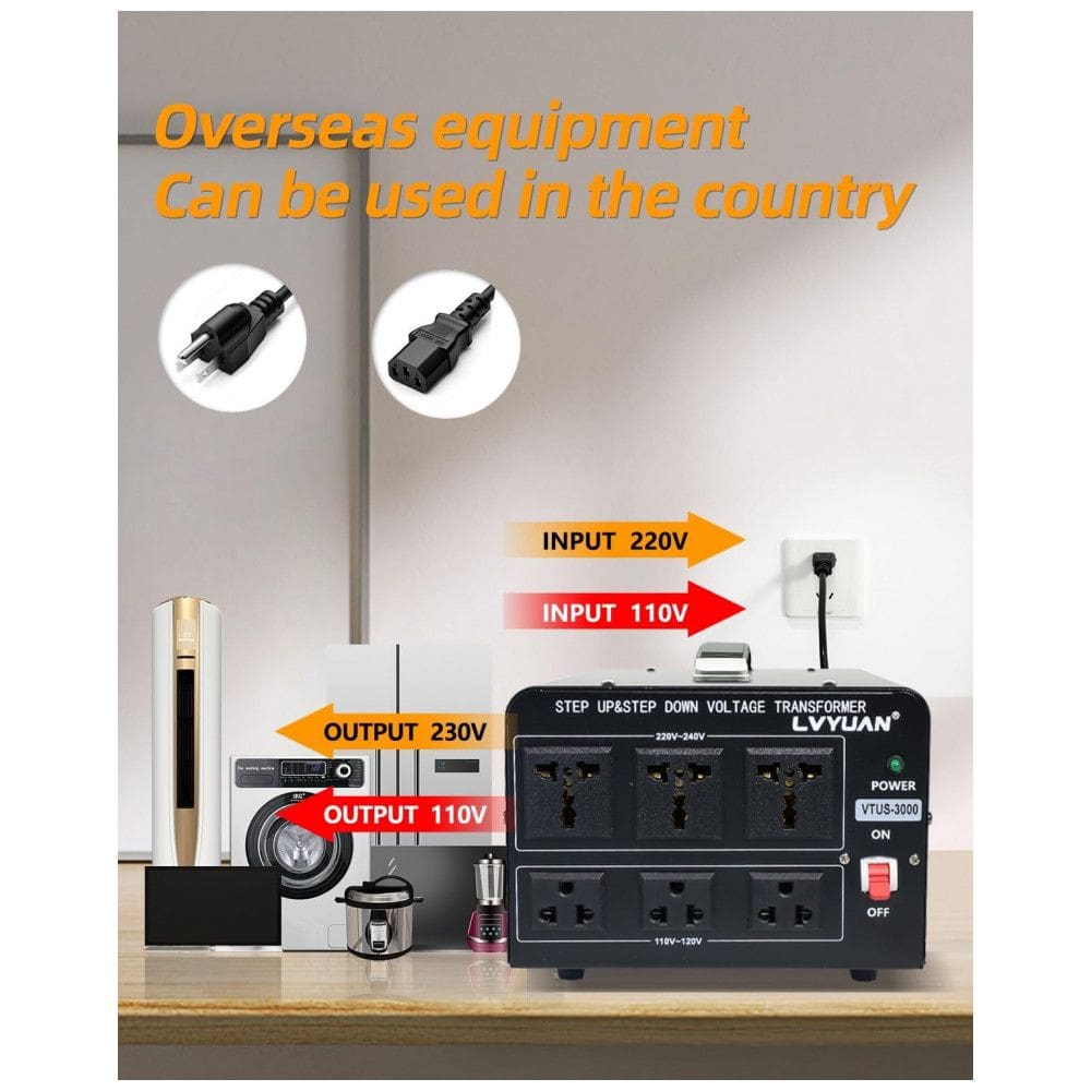 Transformador Conversor de Voltagem LVYUAN 3000W Preto Step Up/Down 110-120V/220-240V com 3 Tomadas US e 3 Universais LY-VT-3000VA 120V