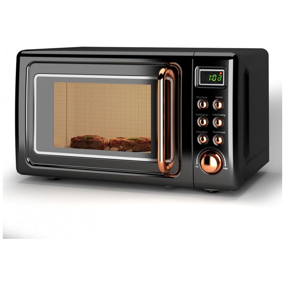 Forno micro-ondas de bancada LDAILY retrô dourado, 700W, 5 níveis de potência, menus automáticos, prato giratório, trava de segurança