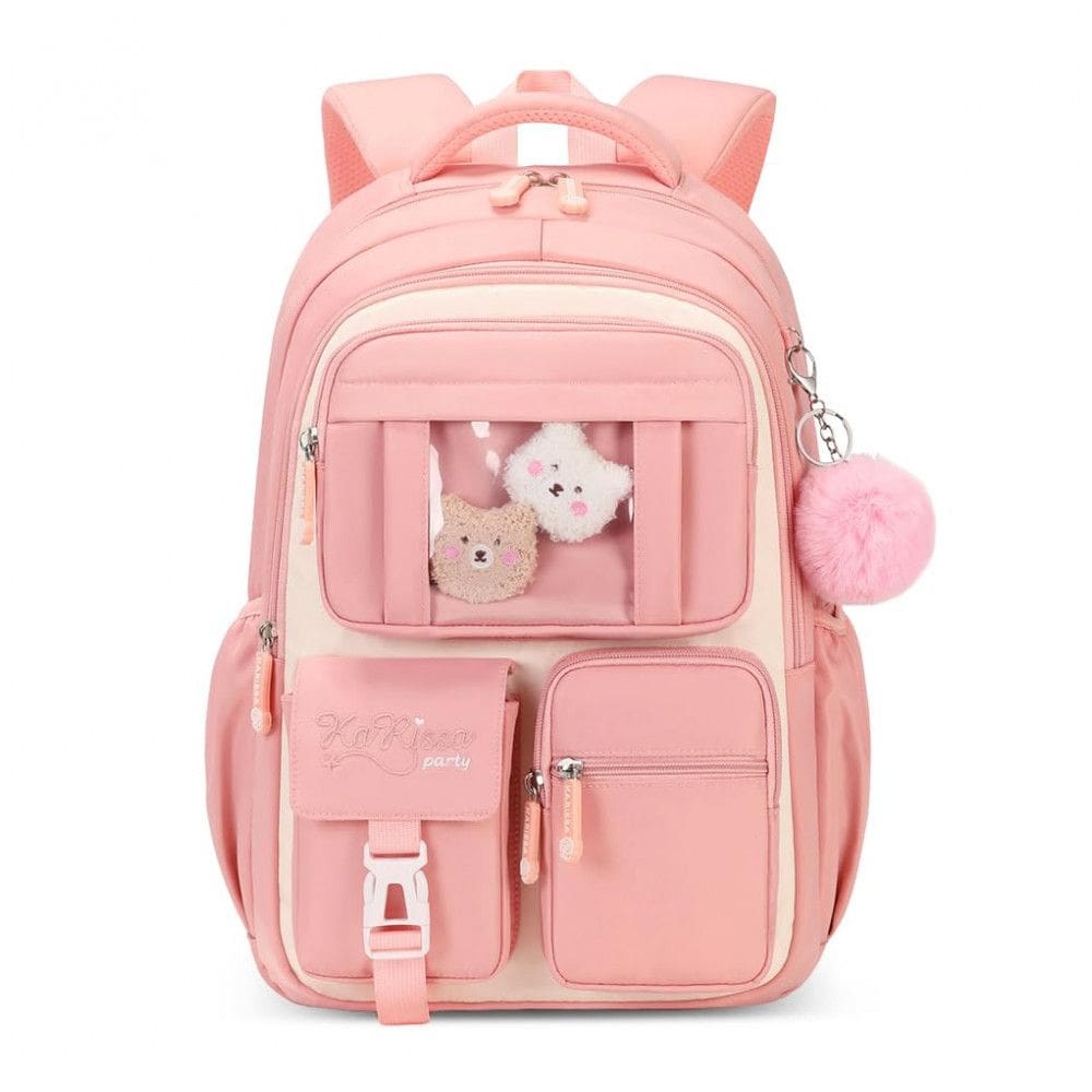 Mochila escolar infantil SPORTBANG kawaii 3 peças, grande capacidade, com estojo transparente e chaveiro de pompom, bege e rosa