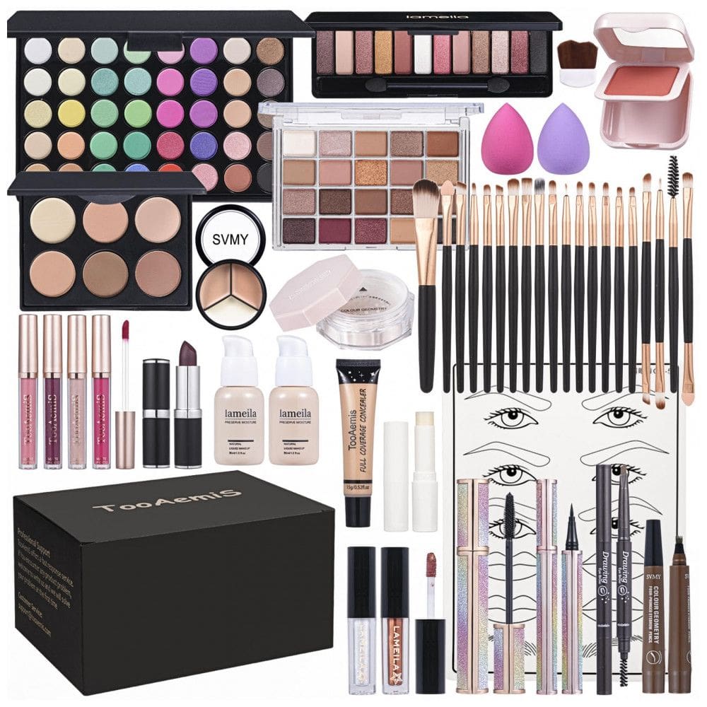 TooAemiS Kit Completo de Maquiagem Feminina com Paleta de Sombras, Base, Pincéis e Gloss - Resistente à Água