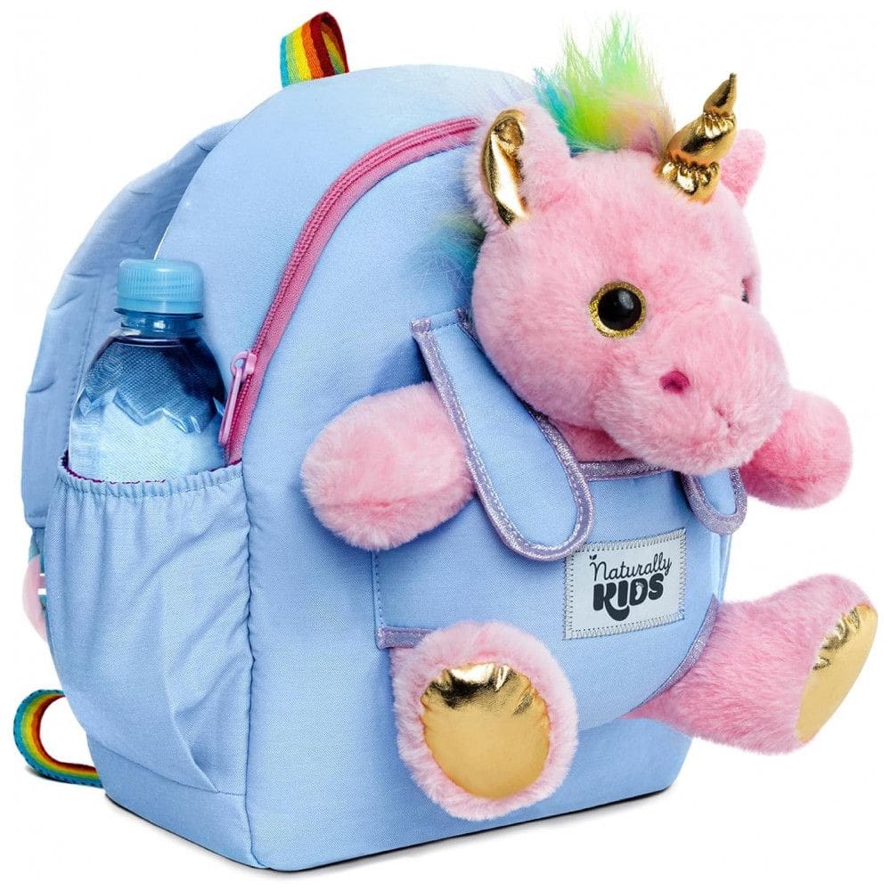 Mochila infantil média unicórnio rosa Naturally KIDS com pelúcia removível 29 cm