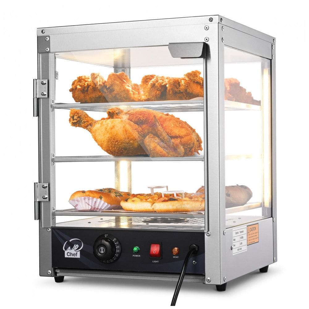 Expositor Aquecedor de Alimentos WeChef 3 Andares 38 cm Pizza Aquecedor Elétrico com Iluminação LED Ajustável Aço Inoxidável 600W 57-85°C