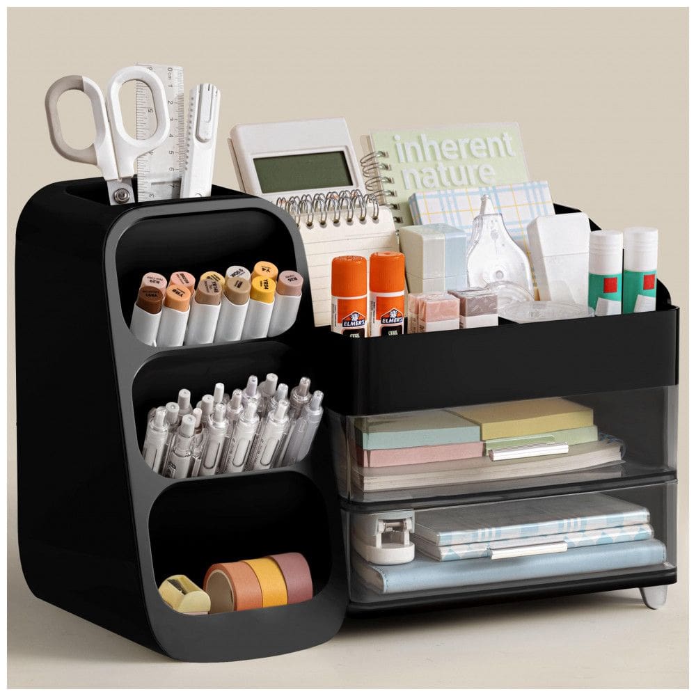 Organizador de mesa HBlife preto com porta-canetas, 4 compartimentos superiores e 2 gavetas para escritório, casa e escola