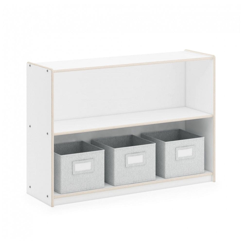 Estante baixa Guidecraft EdQ Two Shelf Open Storage 30” Branca com 2 prateleiras abertas e 3 caixas de tecido 107cm