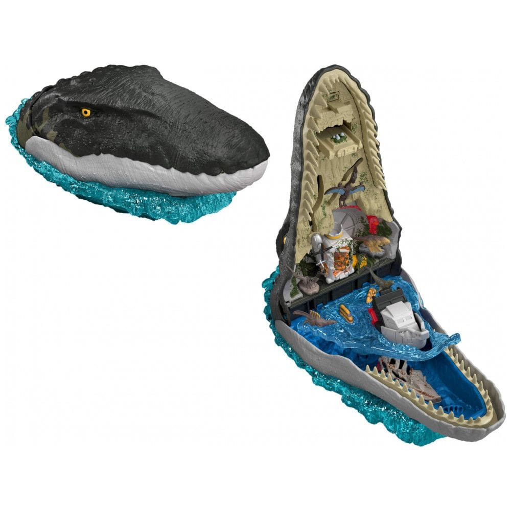 Playset Deluxe Mosasaurus Jurassic World Rebirth Mattel Multicolorido com 7 recursos interativos e 6 micro figuras