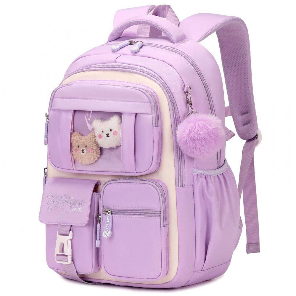 Mochila escolar PIG PIG GIRL roxa e bege estilo ita bag, 21,8 L