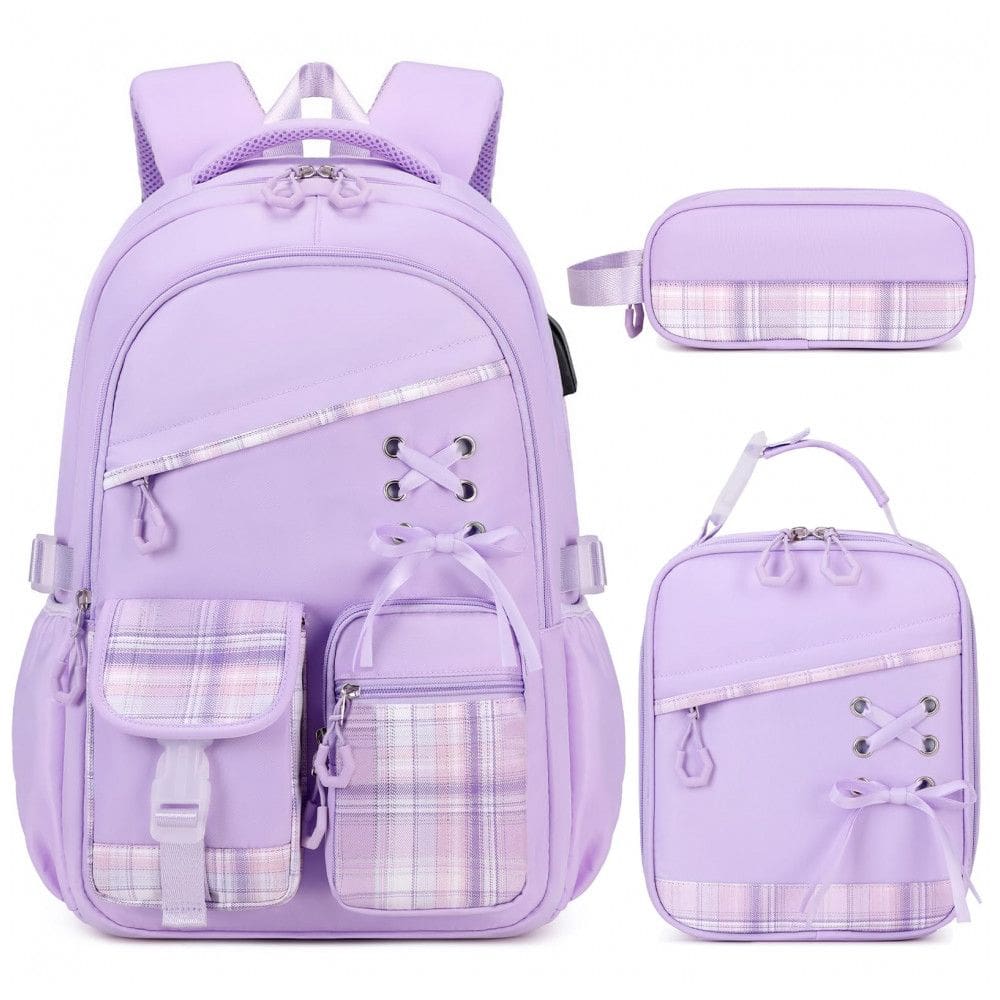 DIGOBAY Mochila 3 em 1 para Meninas com Lancheira, estojo e porta USB - Estilo Xadrez Roxo, Resistente e Espaçosa