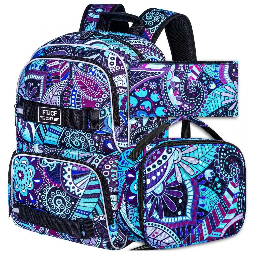 Mochila AGSDON 3 em 1 roxa escura com estampa floral, para notebook 17”, com lancheira e estojo
