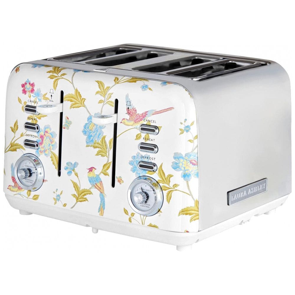 Torradeira 4 Fatias em Aço Inox Laura Ashley Branco com estampa floral Elveden, Slots Largos, 7 Níveis, Funções Descongelar, Reaquecer
