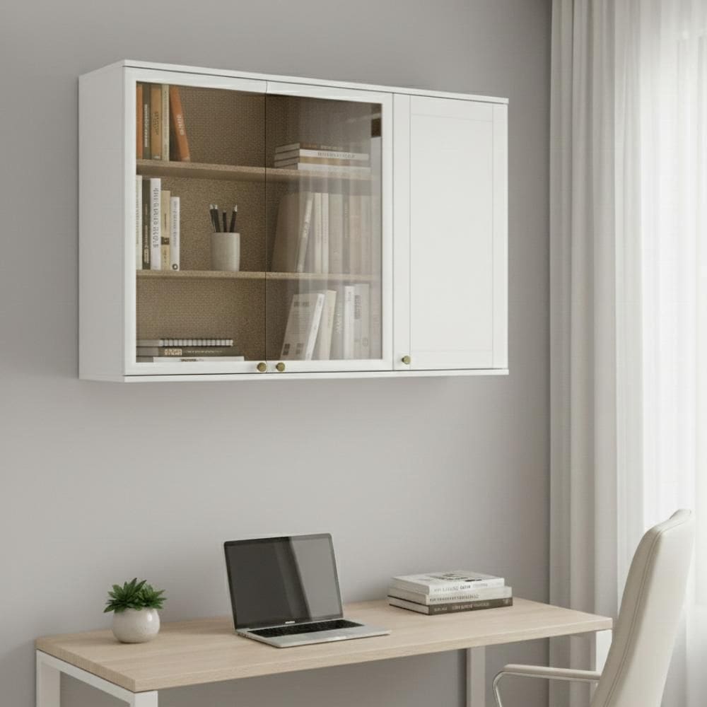 Armário Suspenso com Portas de Vidro para Escritório Branco Carraro