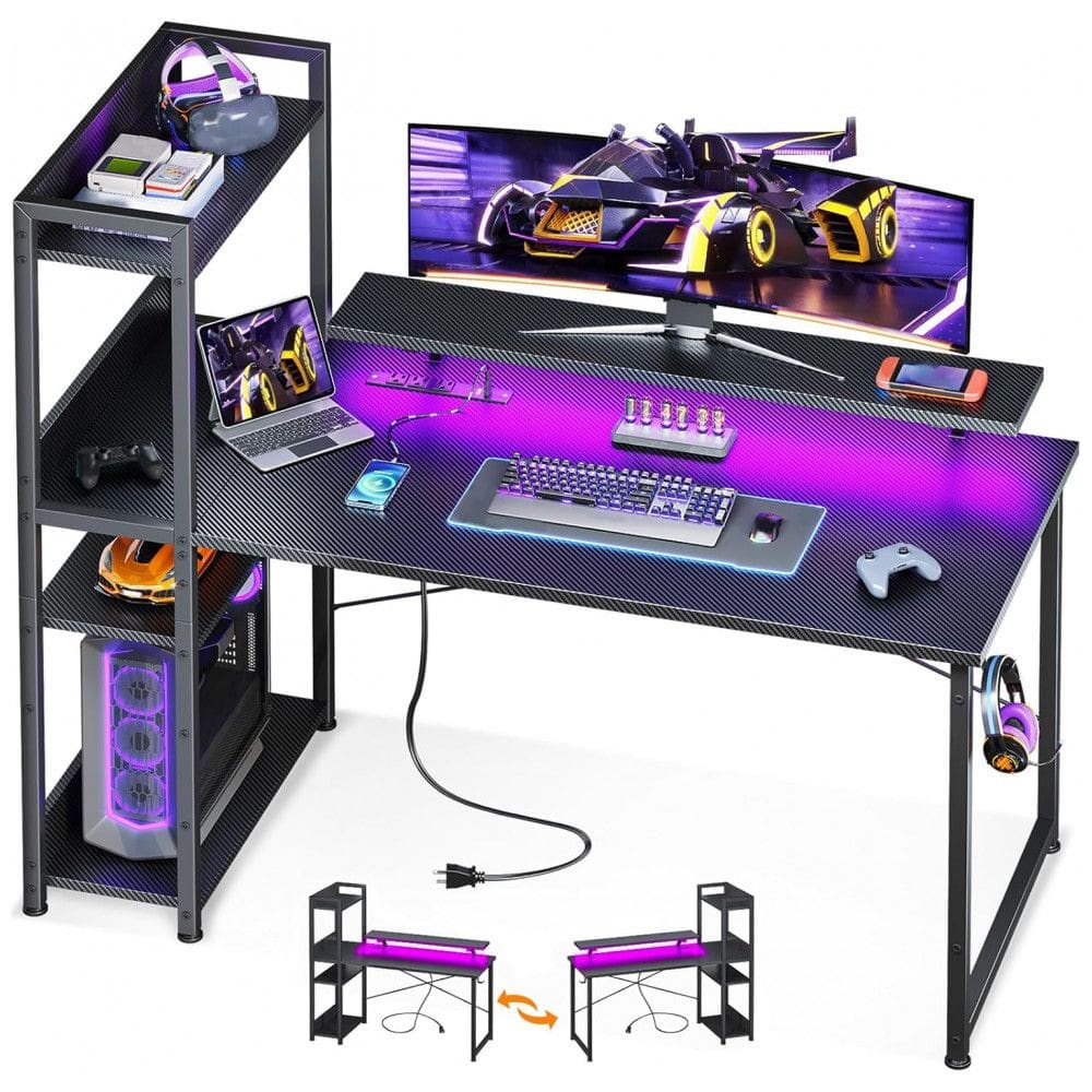 Mesa Gamer Reversível ODK 122 cm Fibra de Carbono Preto com Luzes LED, Tomadas USB, Prateleiras Ajustáveis e Suporte para Monitor,