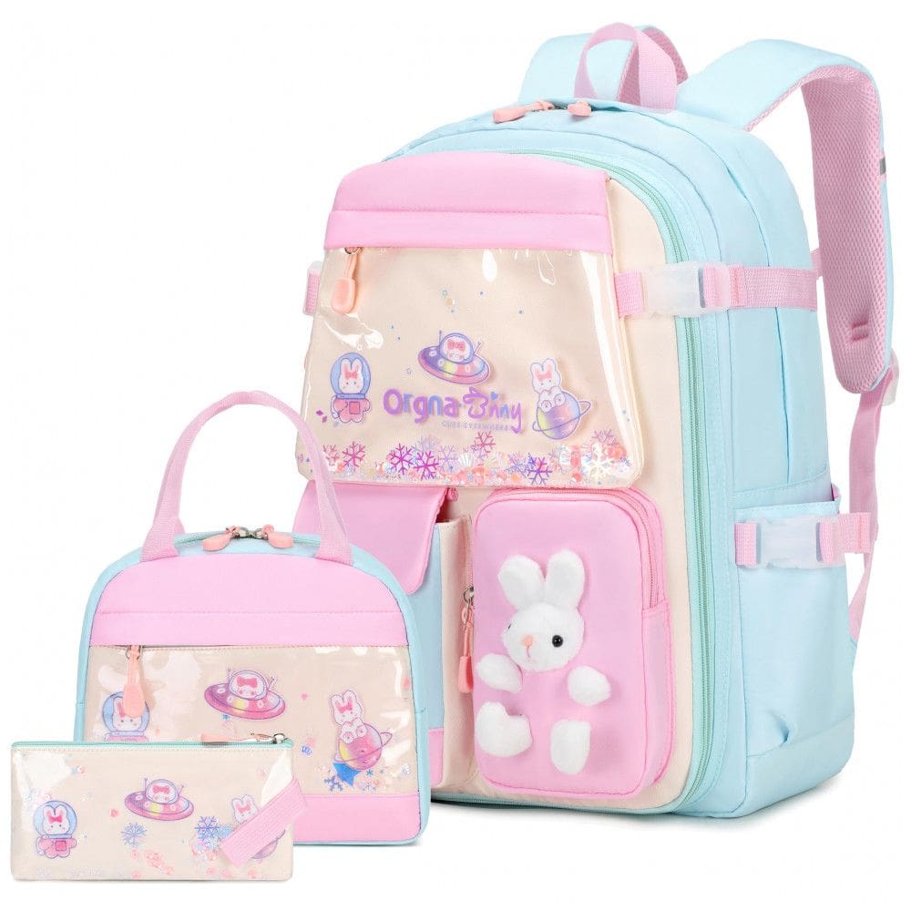 Mochila escolar infantil FIXITOK coelho kawaii 3 peças, com lancheira térmica e estojo, nylon impermeável, azul água
