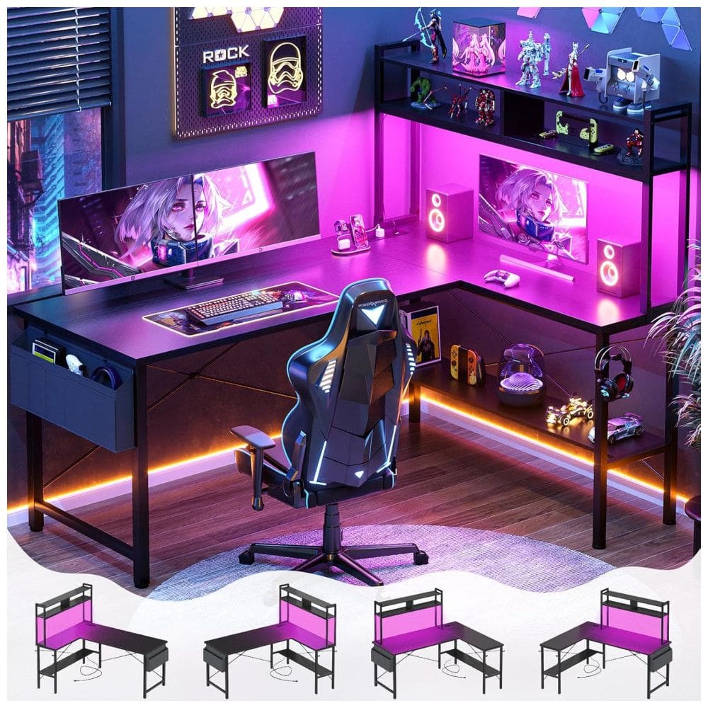 Mesa gamer em formato L Aheaplus 150 cm preto com luzes LED, tomadas elétricas, prateleiras reversíveis e bolsa de armazenamento