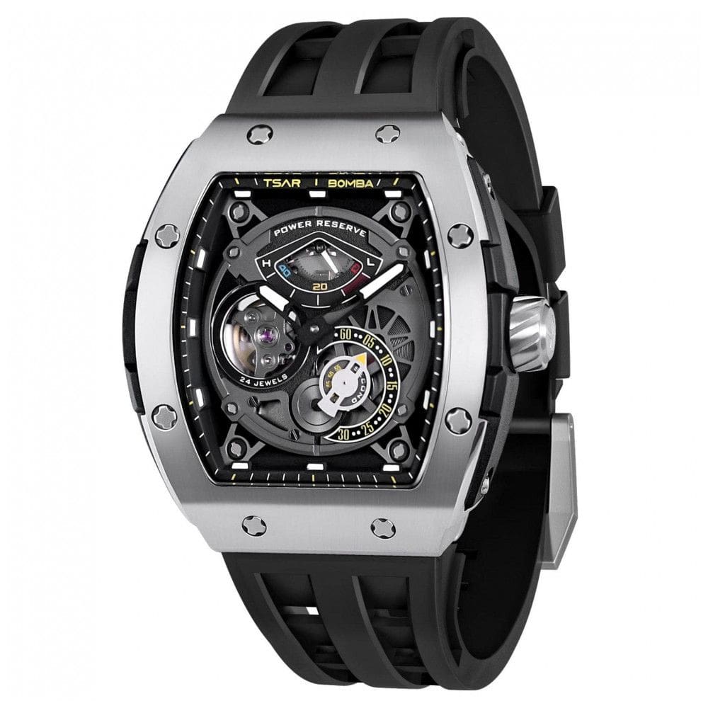 Relógio Automático Mecânico TSAR BOMBA Preto Mostrador Esqueleto Grande Ponteiro Luminoso Cristal Safira Sintética Correa FKM TB8210SIBLA ?