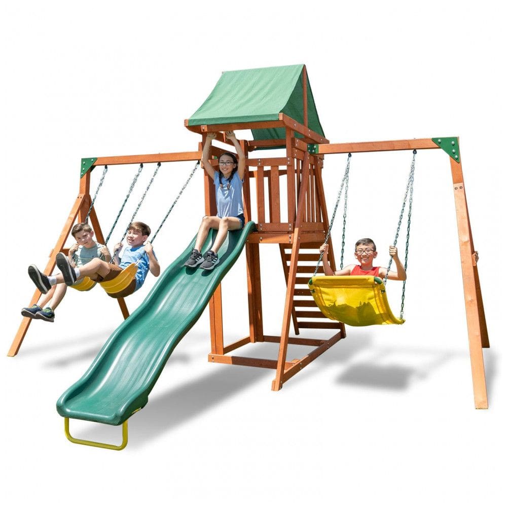 Conjunto de Balanços de Madeira Sportspower Sherwood Verde, 3 Balanços Ajustáveis, Escorregador 2,74 m, Deck Coberto, Capacidade 272 kg