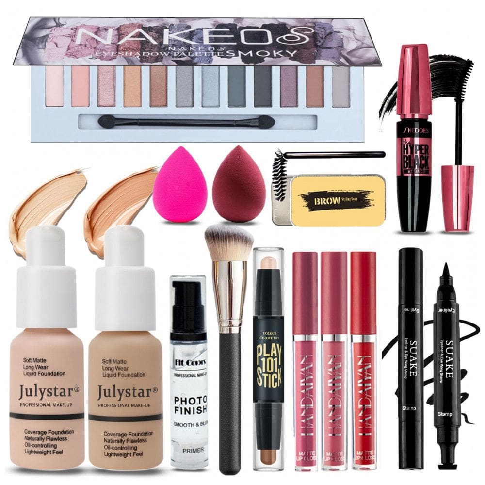 Kit de Maquiagem Completo Tudo em Um Geyomi, 12 Cores de Sombra, Base e Primer, Batom Líquido, Eyeliner, Máscara, Contorno