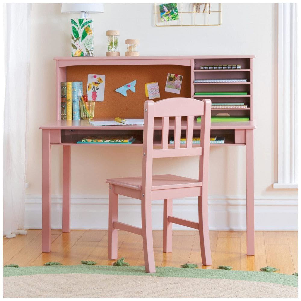 Mesa Infantil Guidecraft Rosa + Cadeira + Estante Embutida + Painel de Cortiça + 5 Nichos Organizadores - Modelo Media Desk
