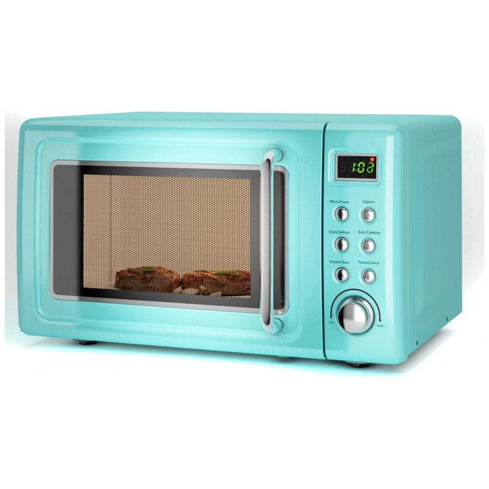 Forno micro-ondas de bancada LDAILY retrô verde, 700W, 5 níveis de potência, menus automáticos, prato giratório, trava de segurança