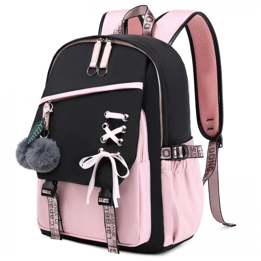 Mochila FENGDONG rosa para adolescentes, estilo kawaii com laço e pompom, para notebook até 15,6”