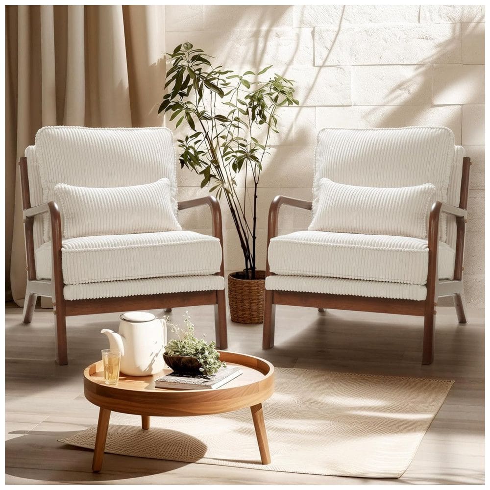 Cadeiras decorativas FLEXISPOT AC1 kit com 2 poltronas em veludo cotelê branco, estrutura em madeira maciça, estilo mid-century para sala