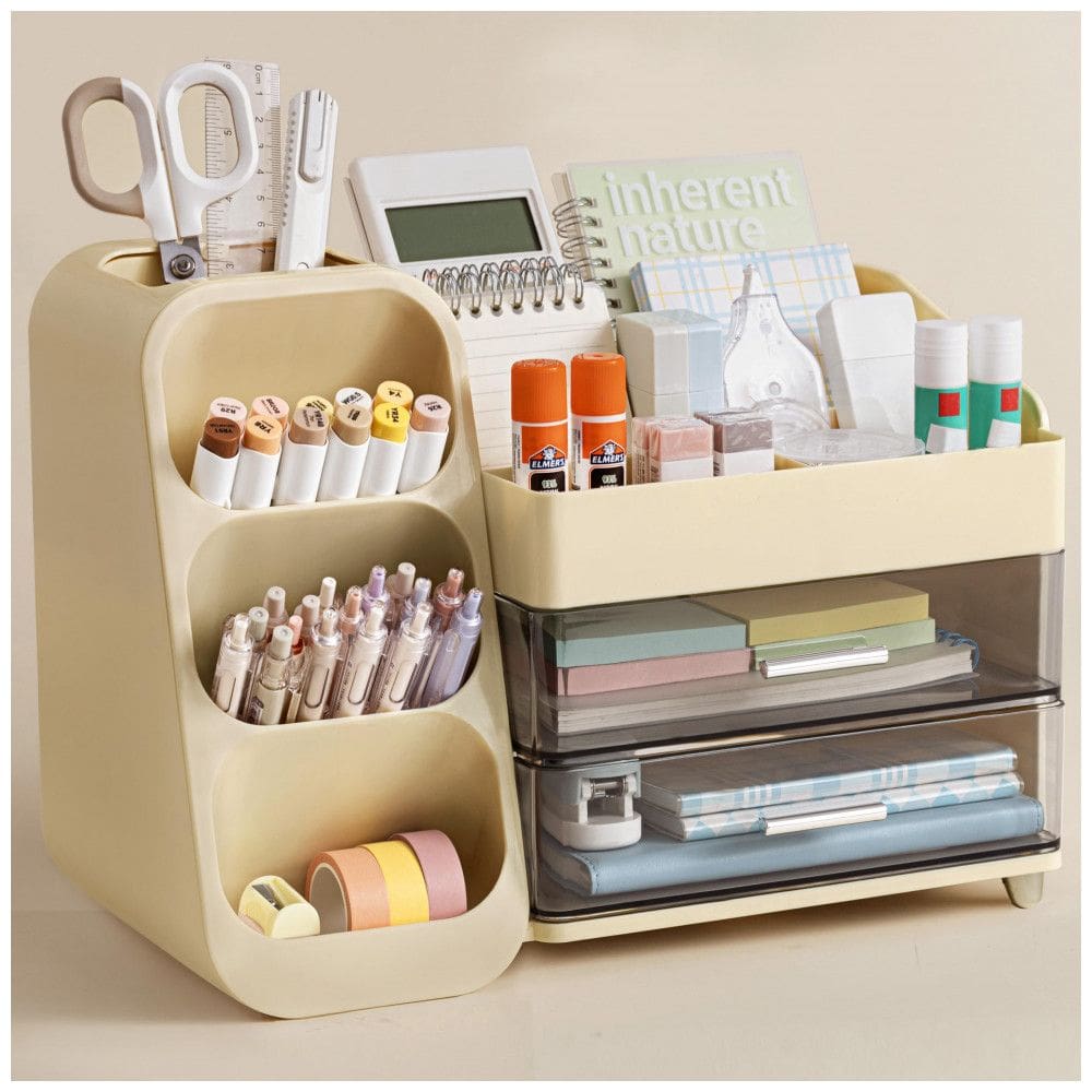 Organizador de mesa HBlife bege com porta-canetas, 4 compartimentos superiores e 2 gavetas para escritório, casa e escola