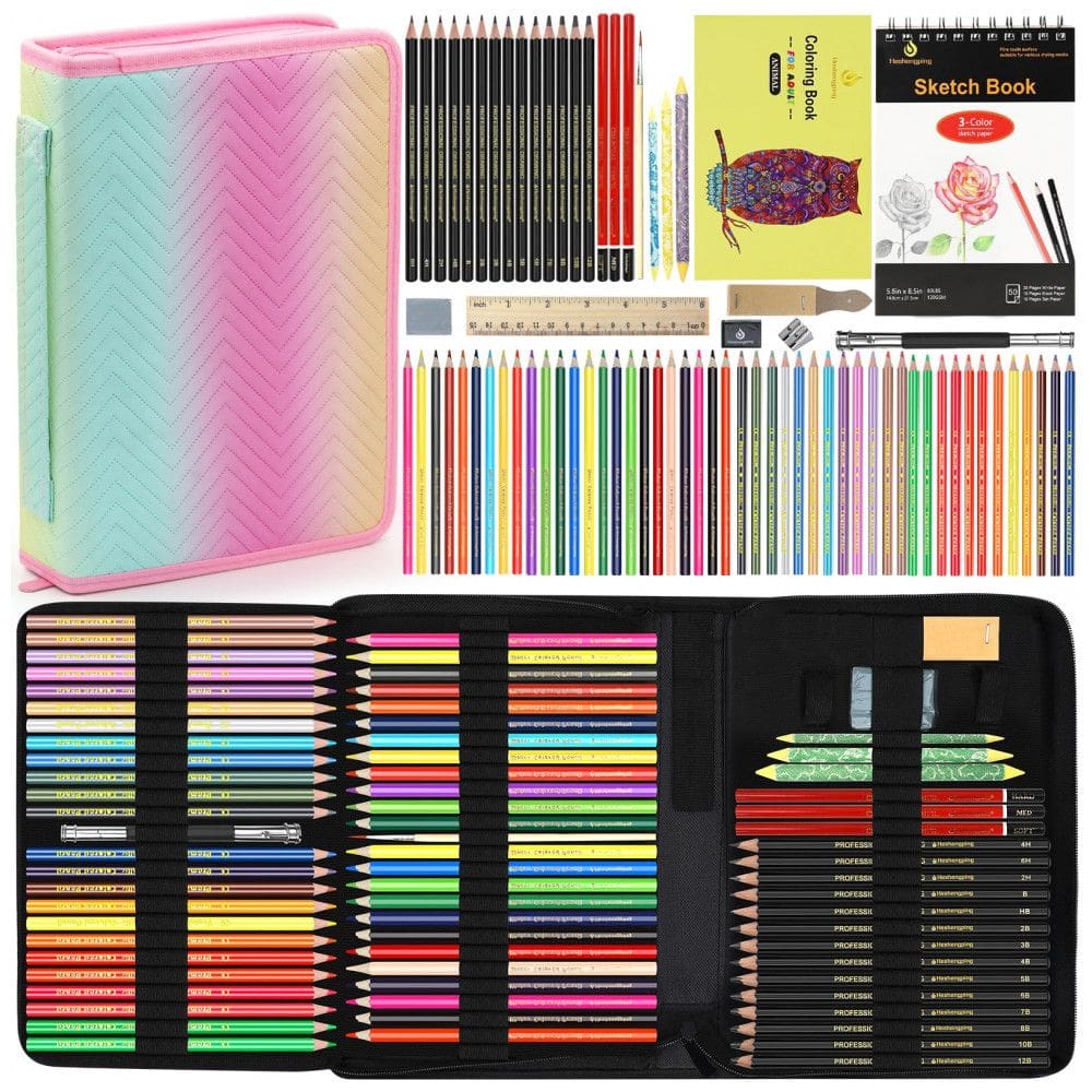 Kit desenho 78 peças Heshengping com estojo, lápis grafite, lápis de cor, carvão, aquarela, metálico e sketchbook 3 cores
