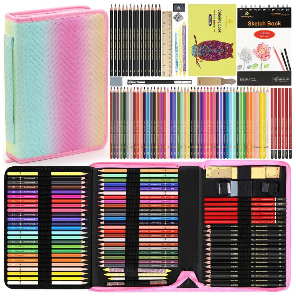 Kit de desenho 80 peças Heshengping com 48 lápis de cor, lápis grafite, carvão, sketchbook 3 cores, livro para colorir e estojo