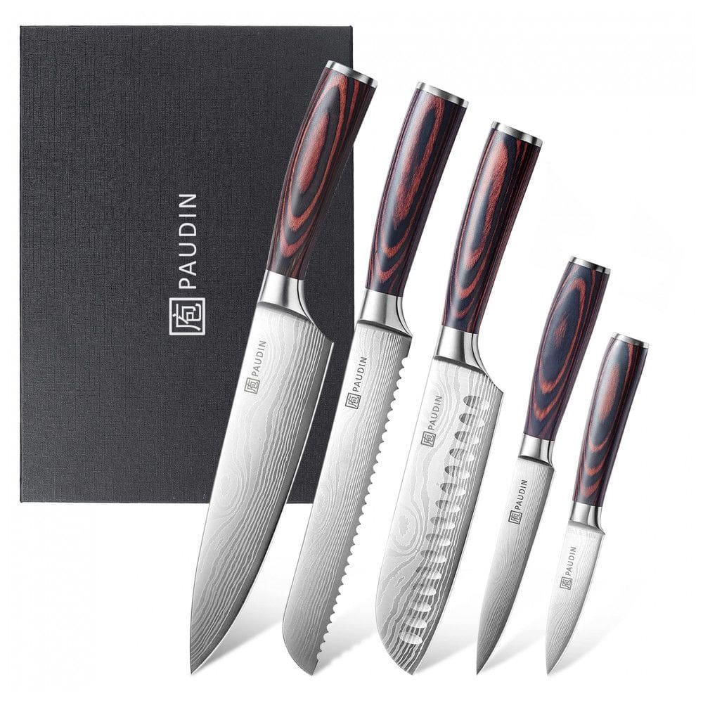 Conjunto de Facas de Cozinha PAUDIN 5 Peças Prata/Marrom com Bainha e Cabo Pakkawood