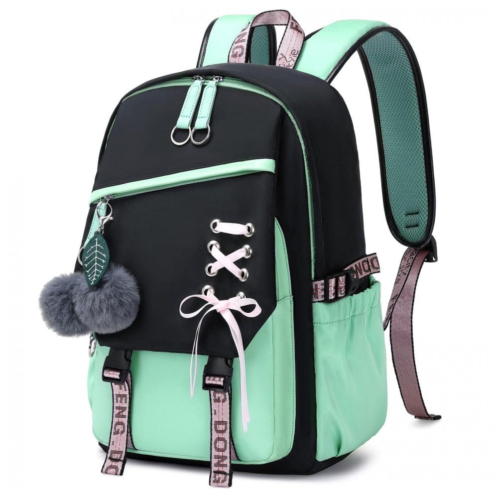 Mochila FENGDONG verde para adolescentes, estilo kawaii com laço e pompom, para notebook até 15,6”