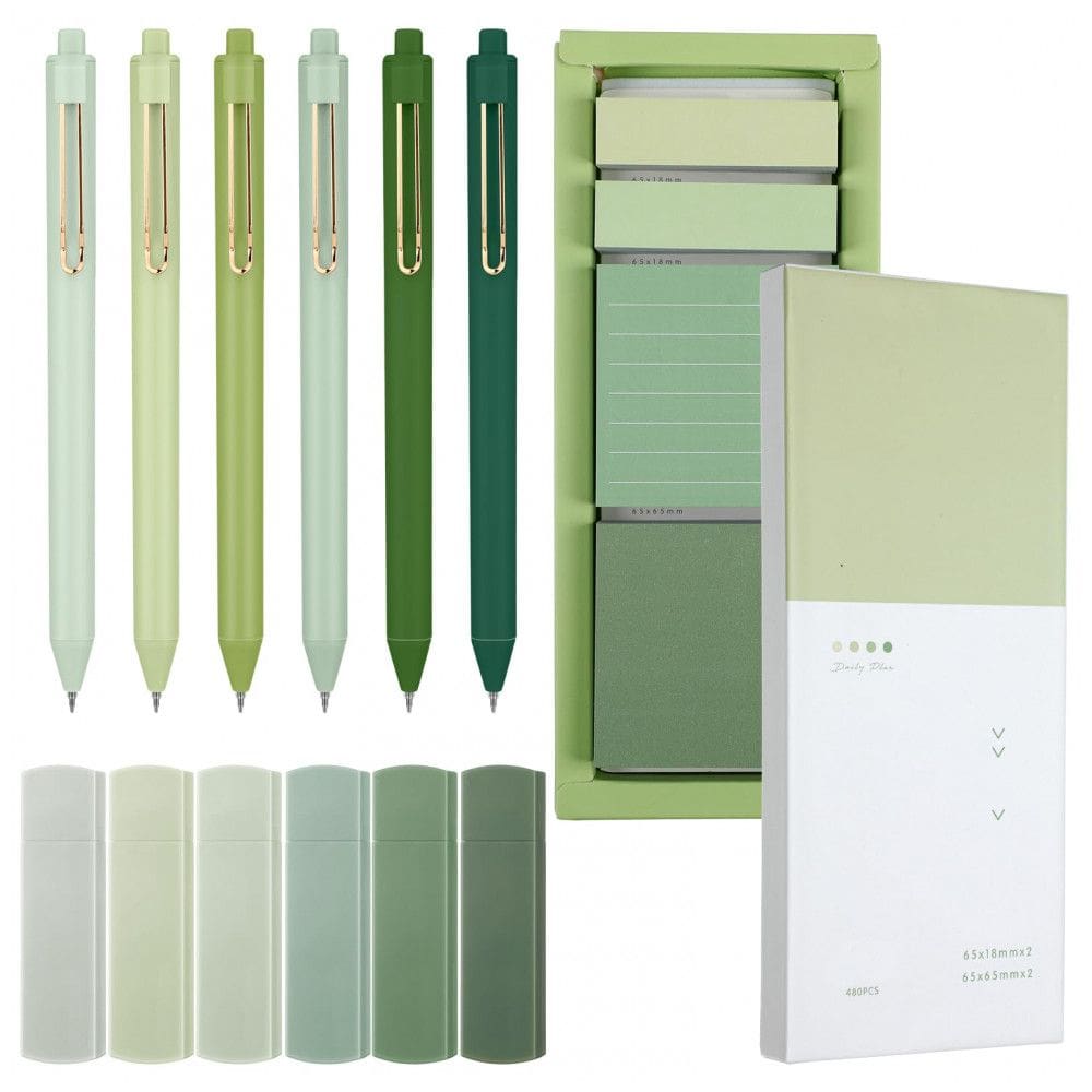 Conjunto de papelaria estética verde Resurhang com post-its, 6 fitas corretivas, 6 canetas 0,5 mm e marcadores de página