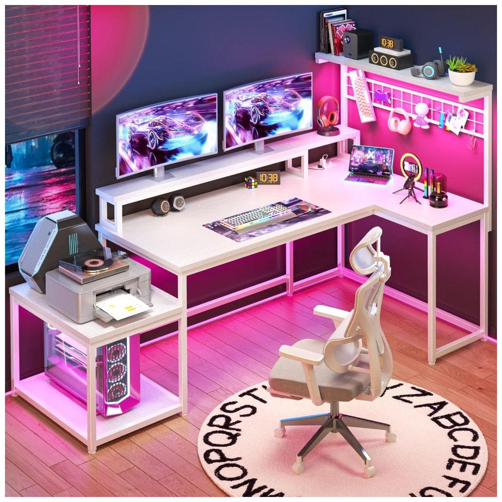 Mesa Gamer em L EnHomee 160 cm com Luzes LED e Tomadas Elétricas, Design Reversível com Prateleiras de Armazenamento e Ganchos
