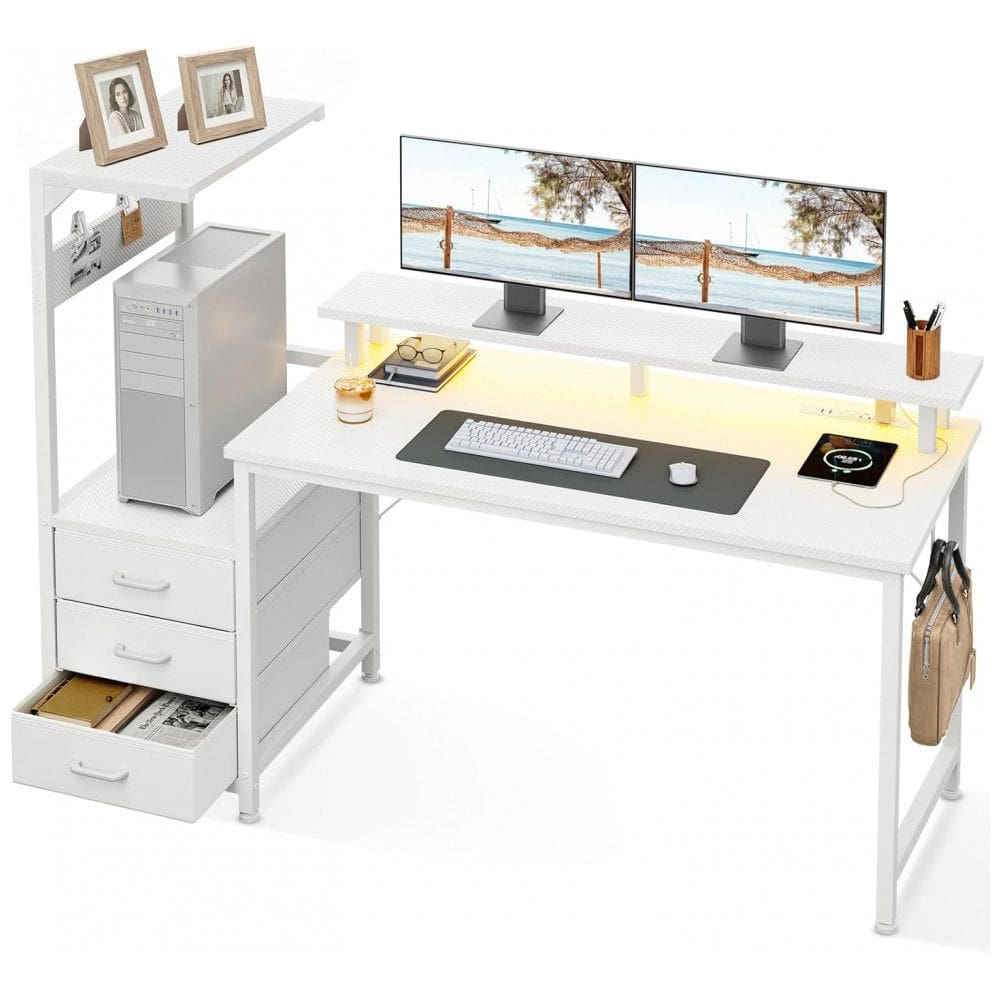 Mesa Gamer Reversível AODK 150 cm Fibra de Carbono Branco com Luzes LED, Tomadas USB, 3 Gavetas de Tecido e Suporte para Monitor,