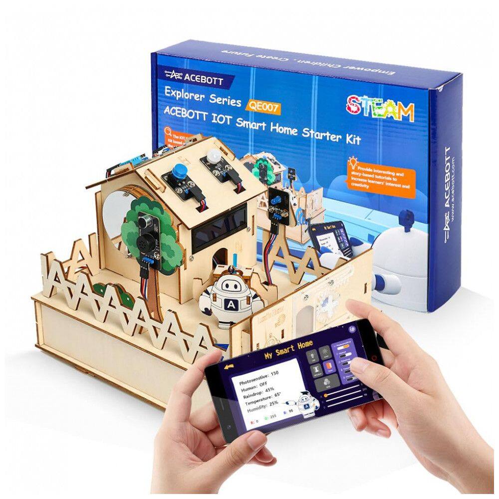 Kit casa inteligente ESP32 ACEBOTT QE007 em madeira 3D com sensores, voz e app compatível Arduino e AceCode para projetos STEM