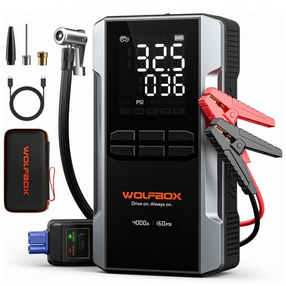 Jump Starter (Aux.de partida) com Compressor WOLFBOX 4000A Preto 88.8Wh 160 PSI Gasolina 10L Diesel 10L 12V