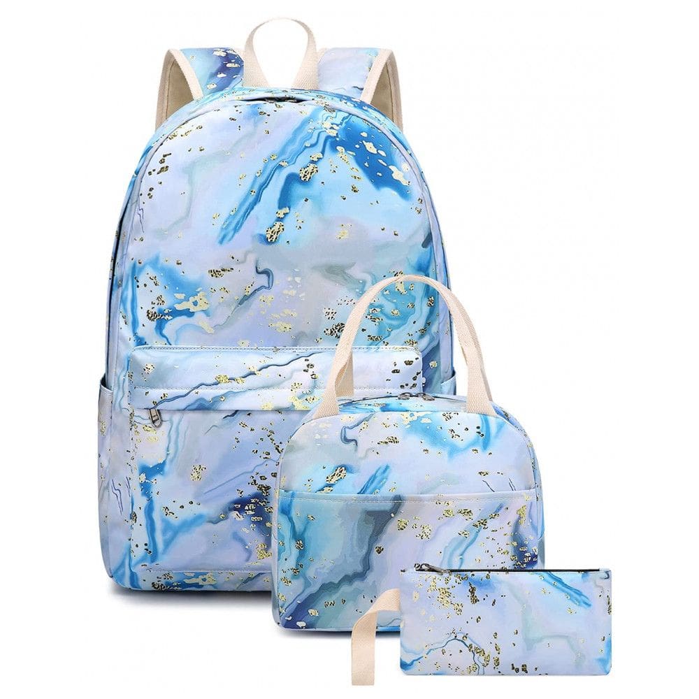 Mochila escolar Bluboon juvenil feminina azul e branca, conjunto 3 peças com lancheira térmica e estojo, para notebook 35,5 cm