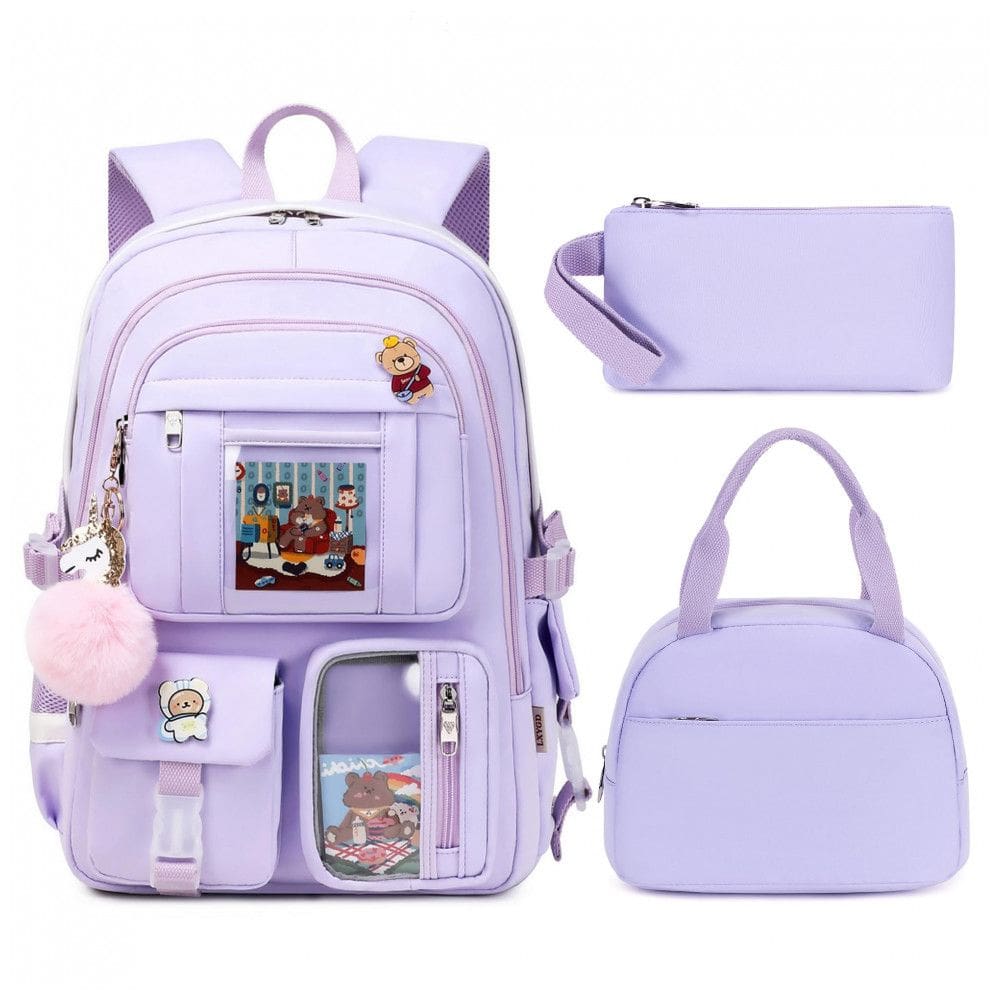 Mochila LXYGD 3 em 1 roxa para notebook até 16”, com lancheira e estojo, impermeável