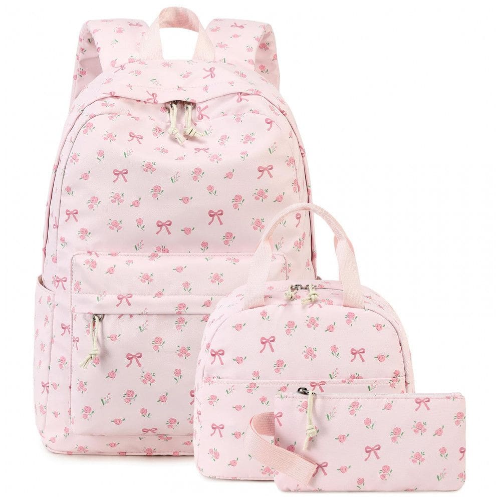Mochila escolar Bluboon juvenil feminina rosa com laço, conjunto 3 peças com lancheira térmica e estojo, para notebook 35,5 cm