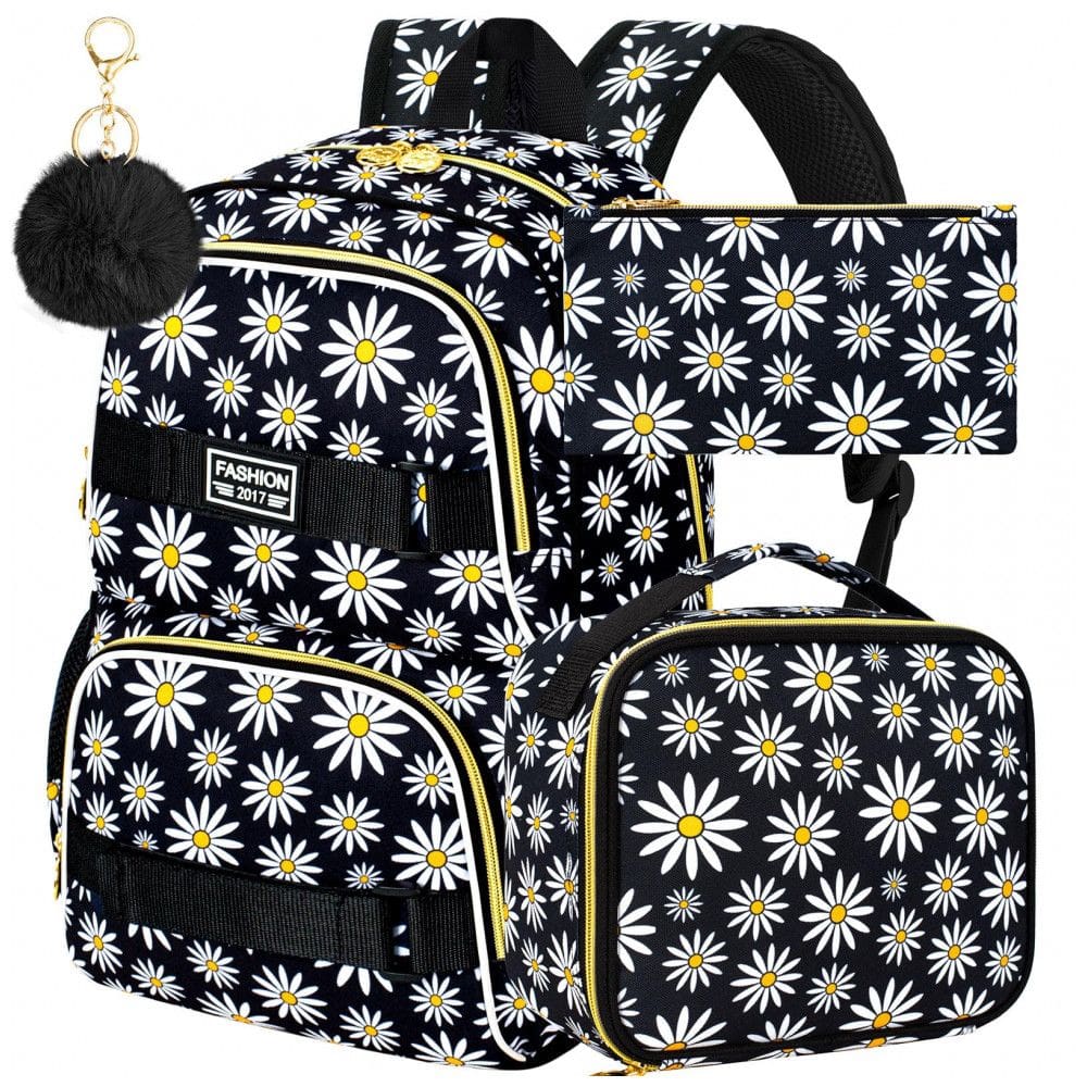Mochila AGSDON 3PCS Daisy preta para notebook 17” com lancheira e estojo
