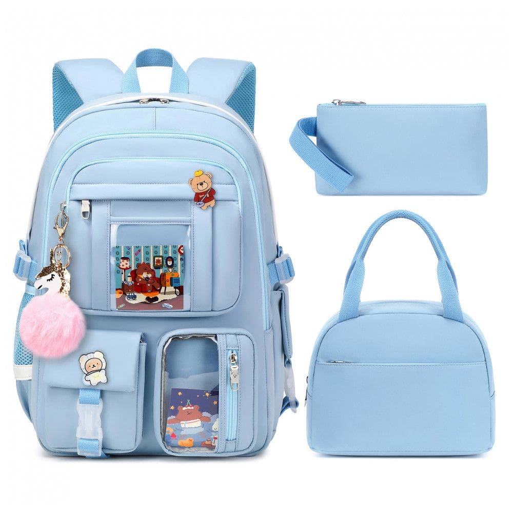 Mochila 3 em 1 azul para notebook até 16”, com lancheira e estojo, estilo kawaii
