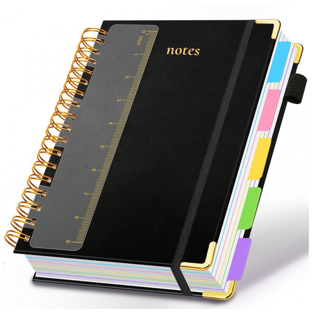 Caderno universitário espiral capa dura GDGDSY B5 8x10, 5 matérias, 300 páginas pautadas, divisórias removíveis, capa couro sintético preto