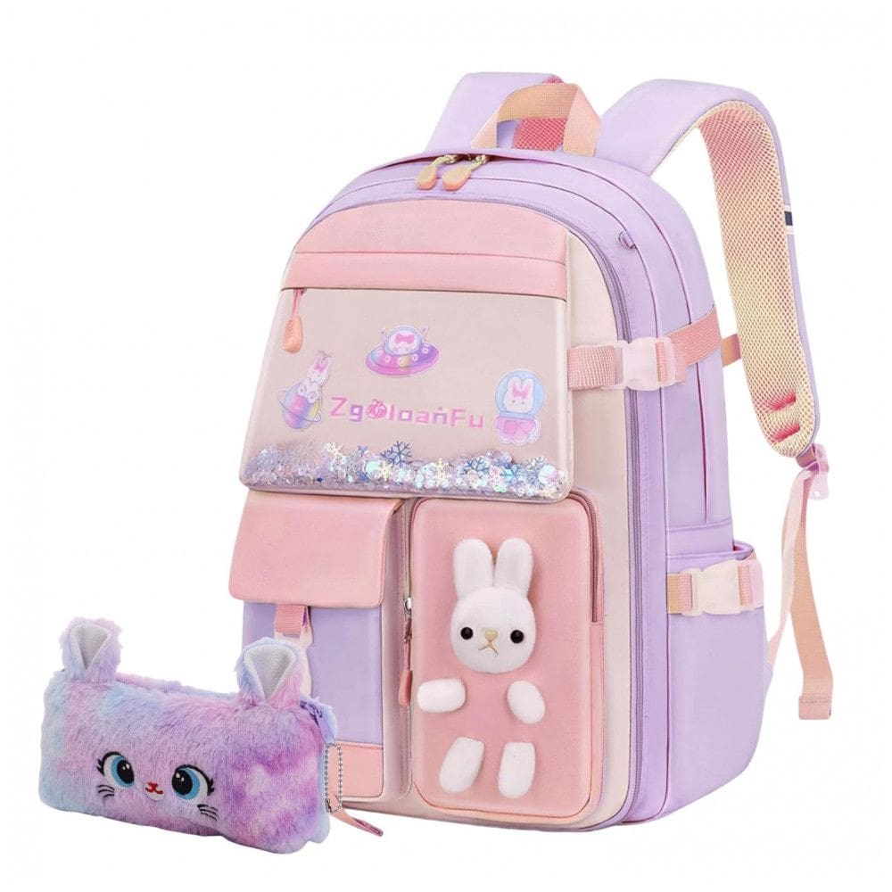 Mochila escolar infantil kistou coelho kawaii, oxford impermeável, grande capacidade, roxa