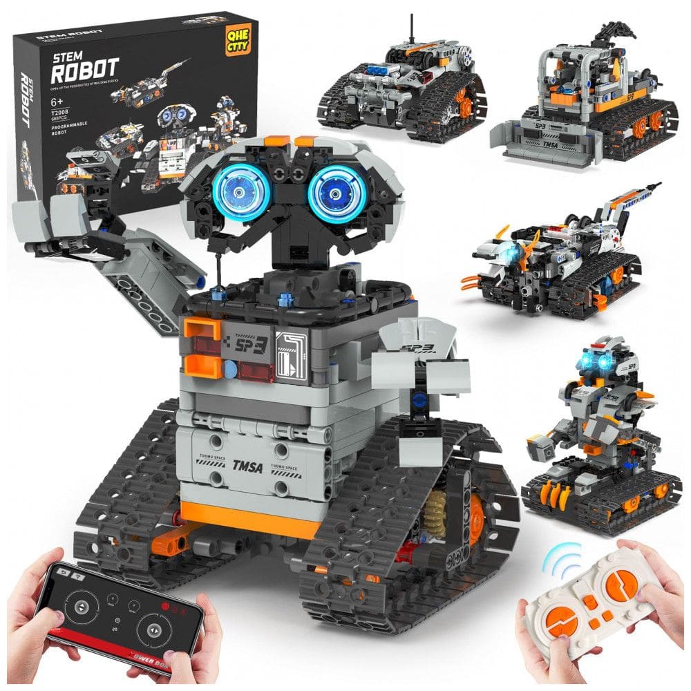 Kit Robótico QHECTTY RC STEM 5 em 1 dinossauro, robô e veículos com controle APP e controle remoto