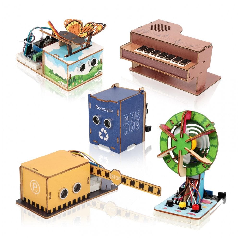 Kit eletrônico ACEBOTT QE200 5 em 1 em madeira com projetos ESP32 Wi-Fi para experimentos de engenharia STEM