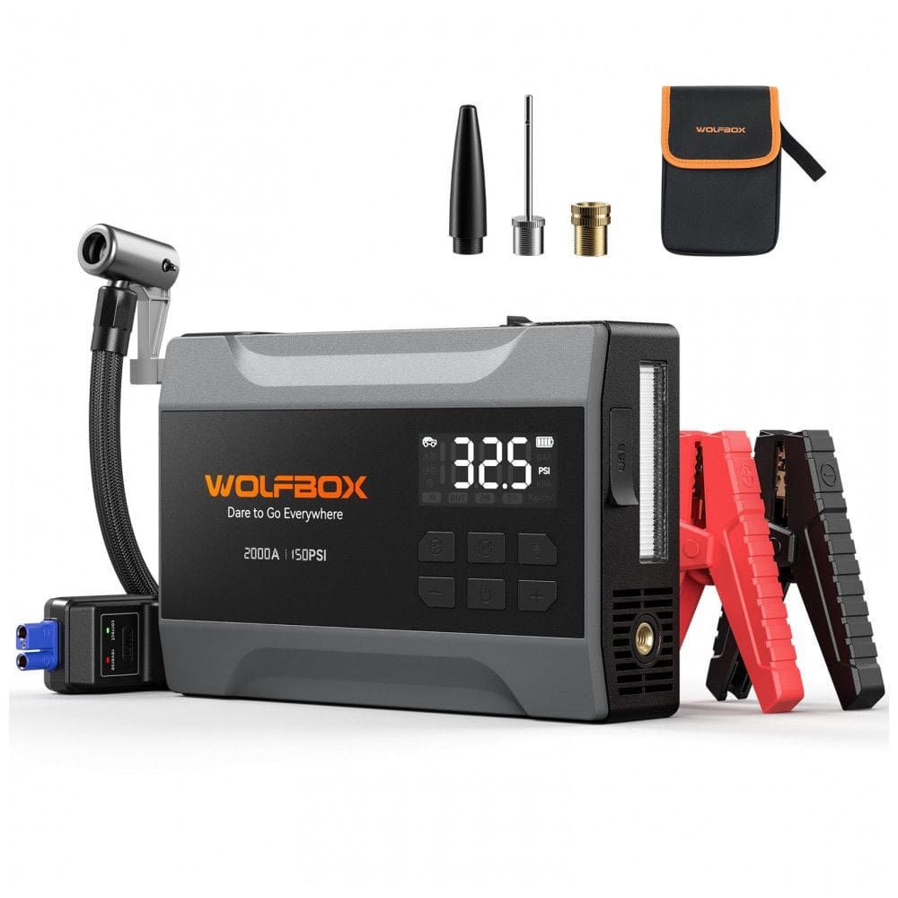 Jump Starter (Aux.de partida) com Compressor WOLFBOX 2000A Preto 37Wh 150 PSI Gasolina 5L 12V
