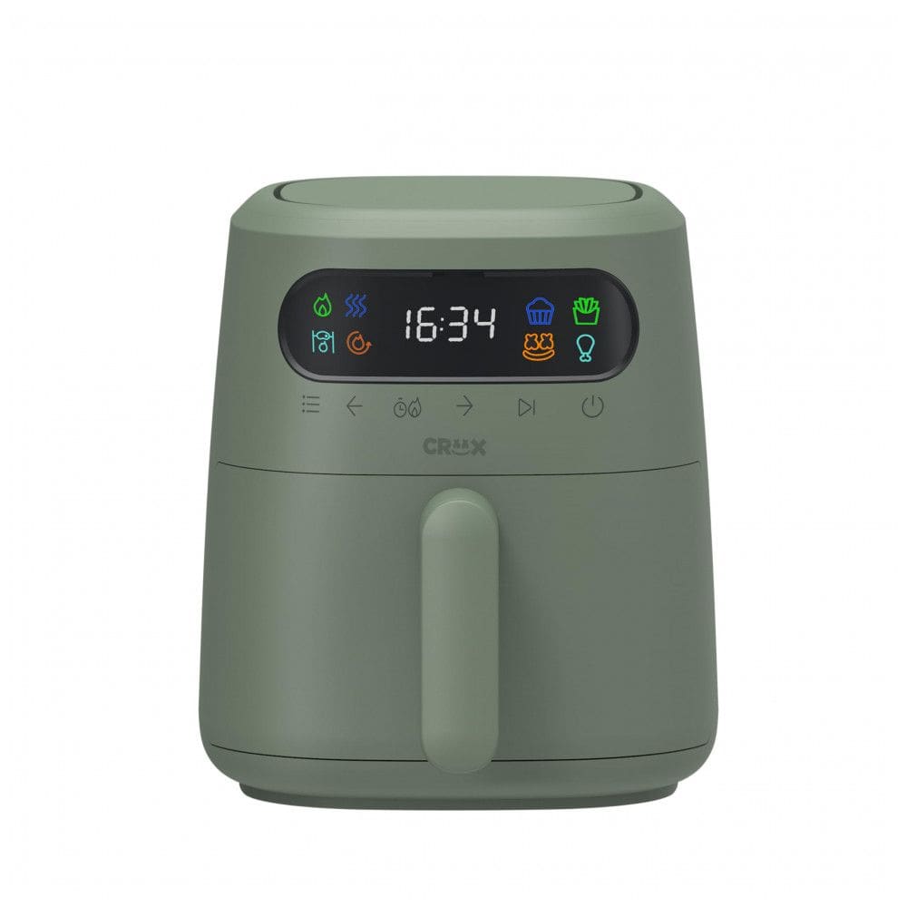 Fritadeira elétrica air fryer digital 3L CRUX x Marshmello verde oliva TurboCrisp 1300W com controle de temperatura e timer programável