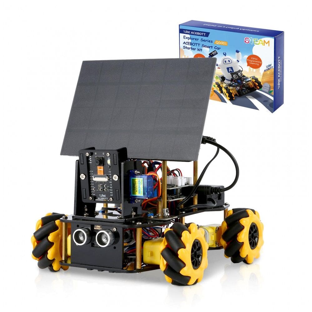Kit STEM robô carro solar 4WD ACEBOTT QD048 ESP32 com câmera HD rodas mecanum sensores ultrassônicos controle por app e IR Arduino